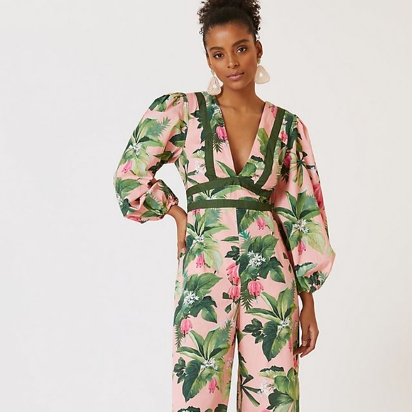 Anthropologie Pants - Farm x Anthropologie Deep V Palm Pink Jumpsuit